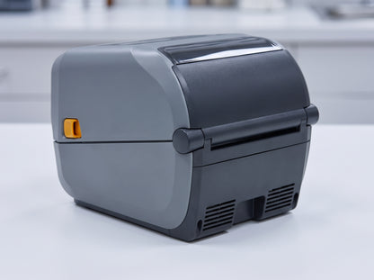 Zebra ZD621 300 dpi thermal transfer desktop label printer, rear three-quarter view of the shell — AI-generated image