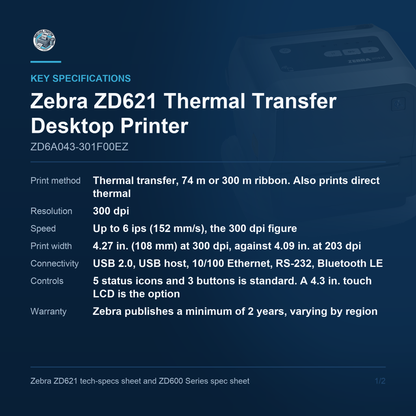 Zebra ZD621 300 dpi thermal transfer printer ZD6A043-301F00EZ key specifications