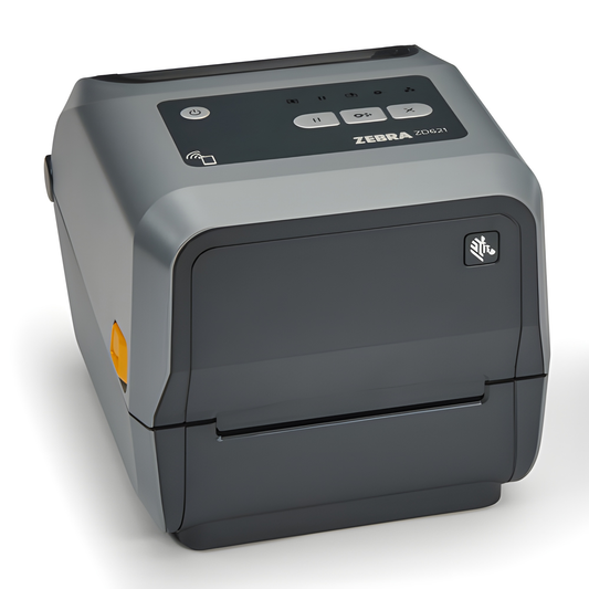 Zebra ZD621 thermal transfer desktop printer, left three-quarter view of the standard icon panel