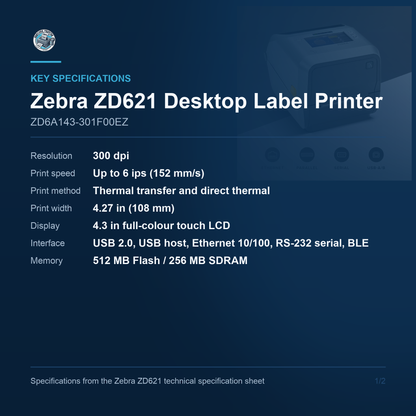 Zebra ZD621 Desktop Label Printer ZD6A143-301F00EZ key specifications