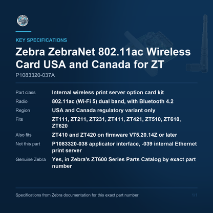 Zebra ZebraNet 802.11ac Wireless Card USA and Canada P1083320-037A key specifications