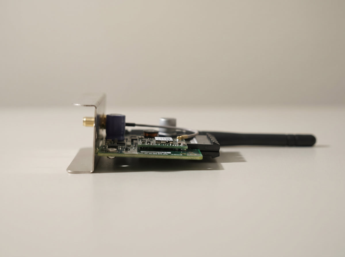 Zebra ZebraNet 802.11ac wireless card seen edge-on with its stub antenna — AI-generated image