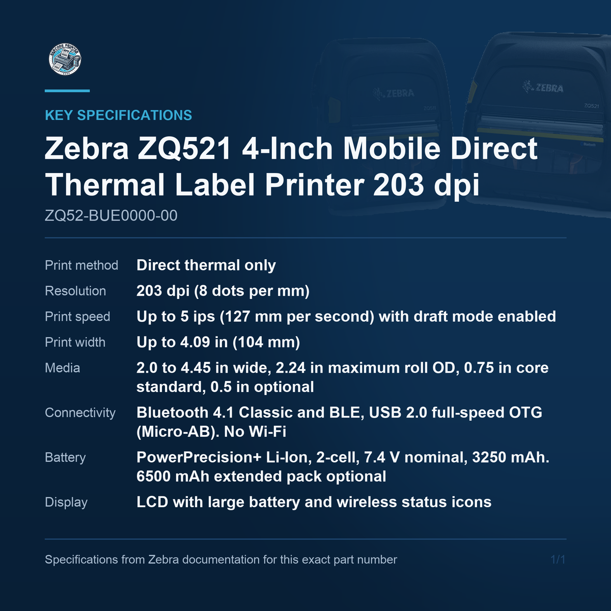 Zebra ZQ521 4-Inch Mobile Direct Thermal Label ZQ52-BUE0000-00 key specifications