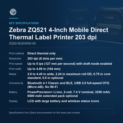 Zebra ZQ521 4-Inch Mobile Direct Thermal Label ZQ52-BUE0000-00 key specifications