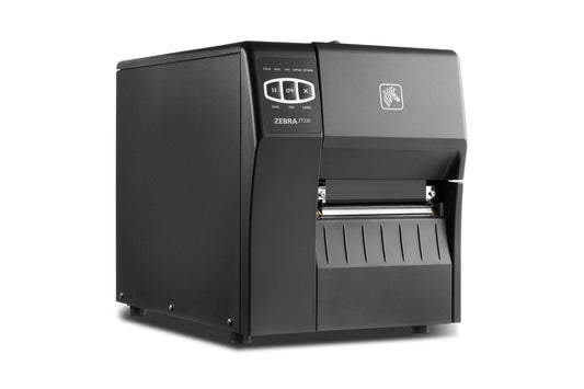 Zebra ZT220 industrial label printer, front view with the media door closed