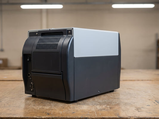 Zebra ZT231 industrial label printer, rear view of the direct thermal build — AI-generated image