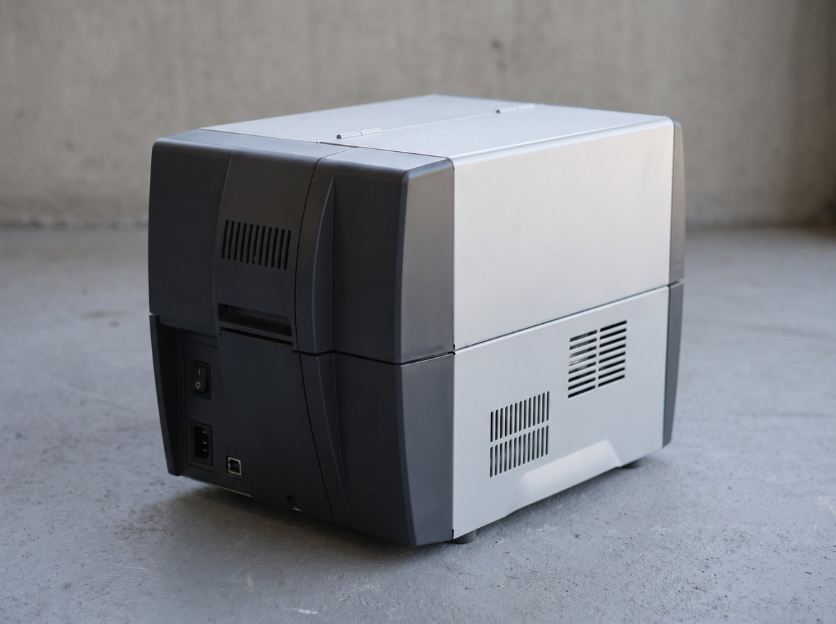 Zebra ZT231 industrial label printer, left rear corner view on a workshop floor — AI-generated image