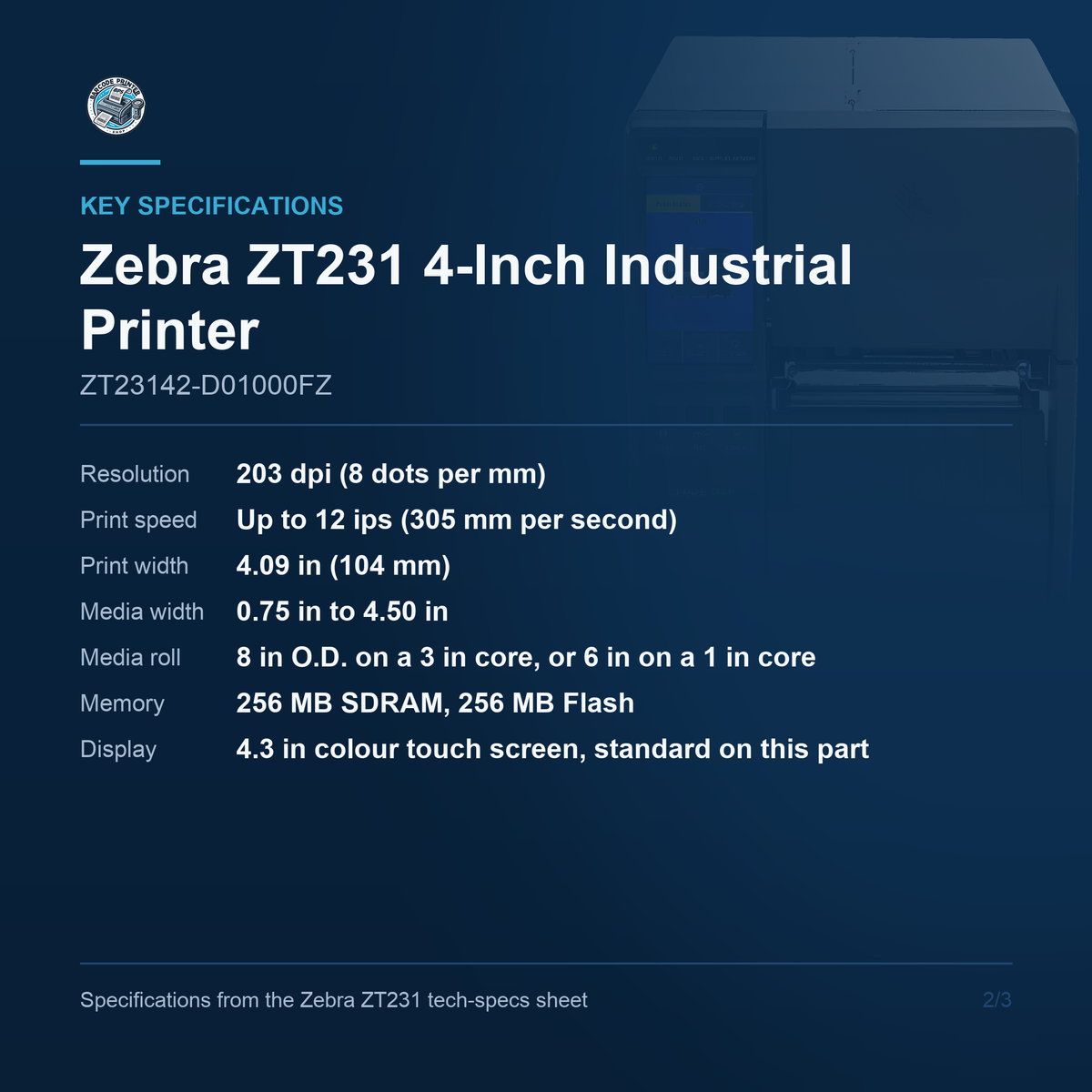 Zebra ZT231 ZT23142-D01000FZ key specifications