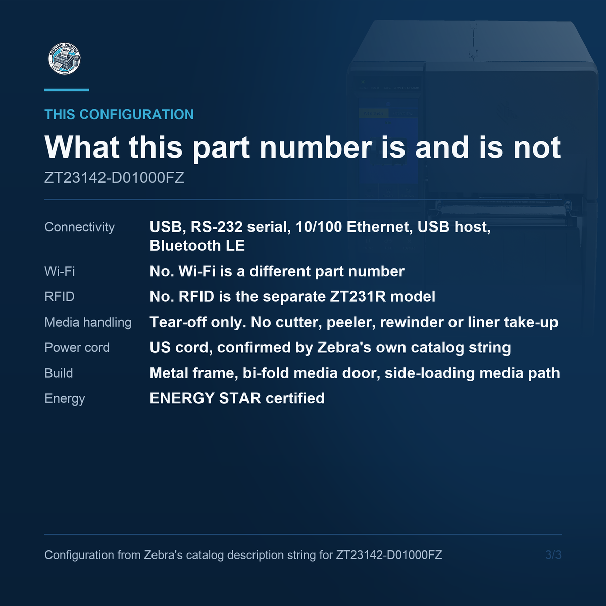 Zebra ZT231 ZT23142-D01000FZ - tear-off only, no Wi-Fi, no RFID