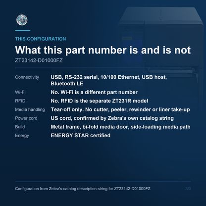 Zebra ZT231 ZT23142-D01000FZ - tear-off only, no Wi-Fi, no RFID