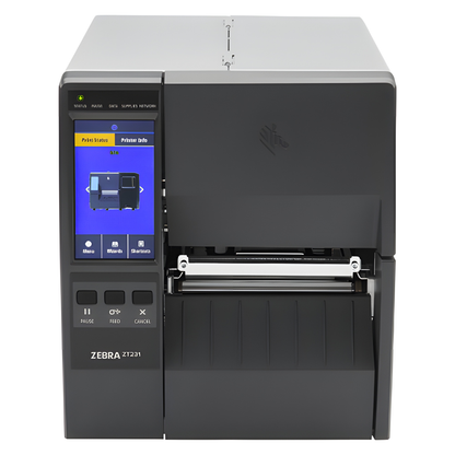 Zebra ZT231 industrial label printer, front view with the color touch display