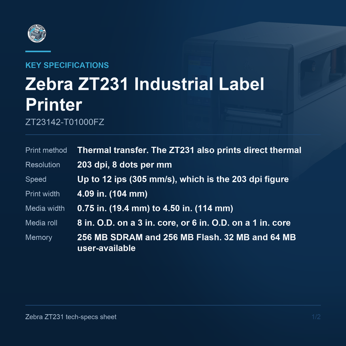 Zebra ZT231 industrial label printer ZT23142-T01000FZ key specifications