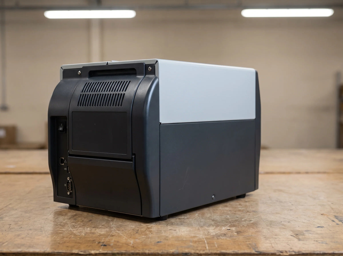 Zebra ZT231 4-inch industrial label printer, rear view of the chassis — AI-generated image
