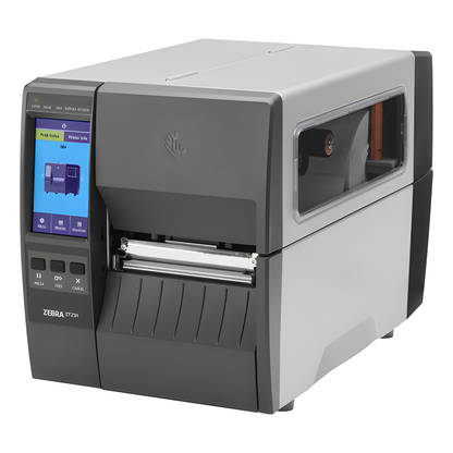 Zebra ZT231 thermal transfer label printer, right three-quarter view showing the ribbon carriage