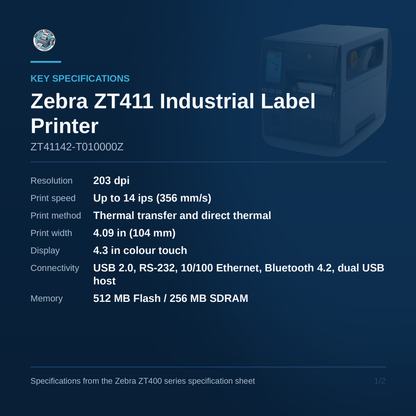 Zebra ZT411 industrial label printer ZT41142-T010000Z key specifications