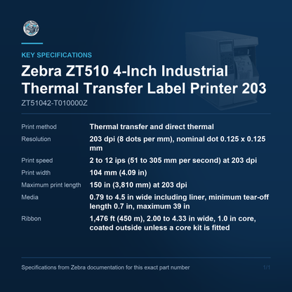 Zebra ZT510 4-Inch Industrial Thermal Transfer Label ZT51042-T010000Z key specifications