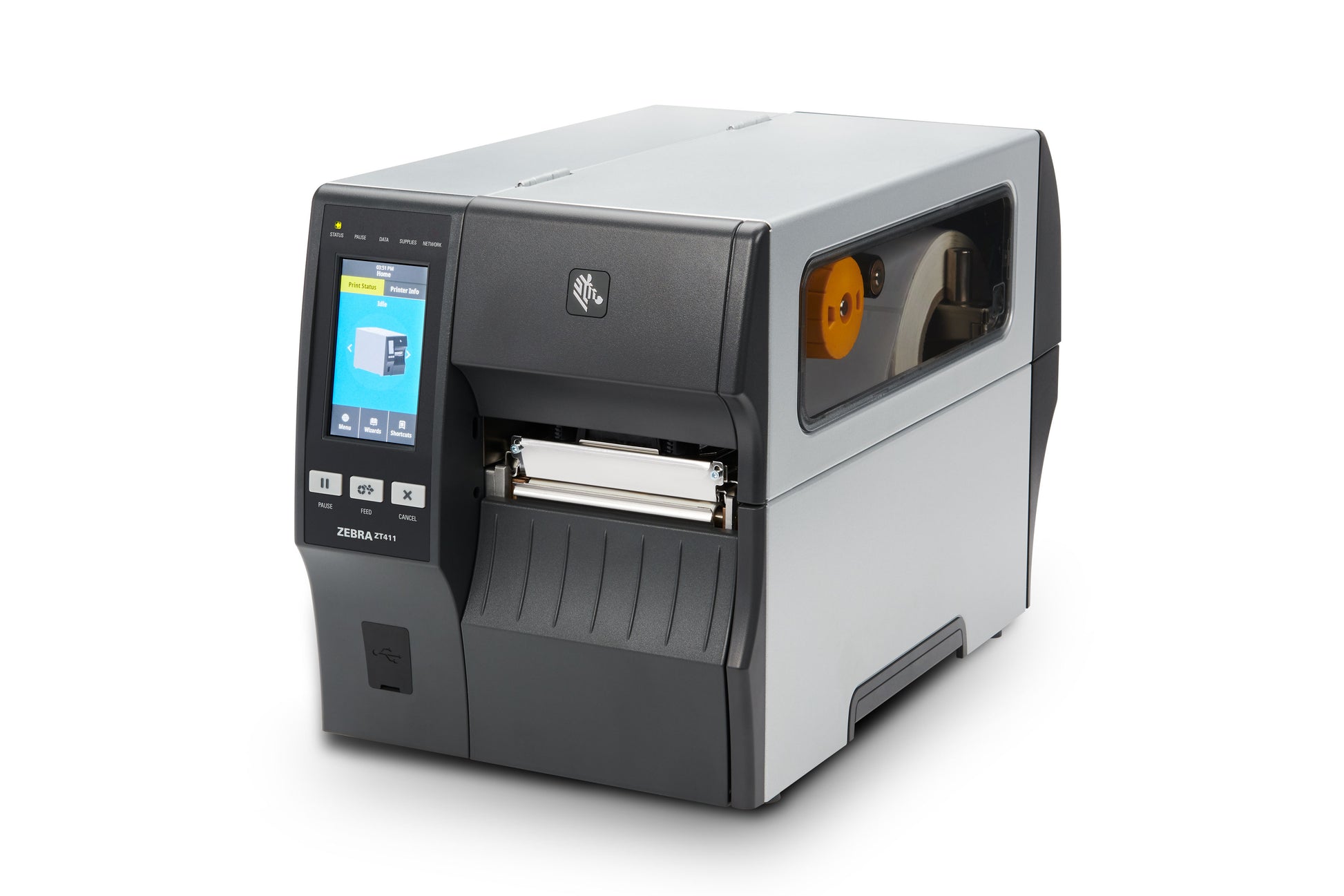 Zebra ZT411 industrial label printer, left front view with colour touch display
