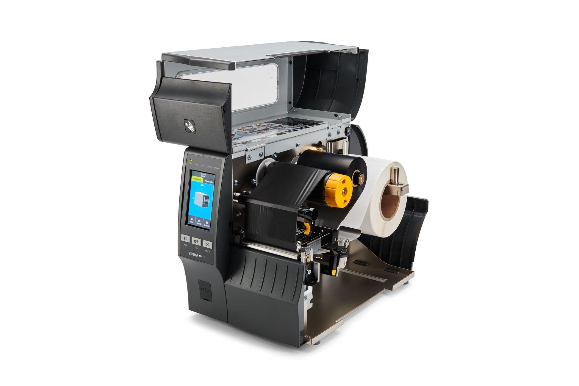 Zebra ZT411 industrial label printer shown open, exposing the media and ribbon path